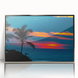 Mid-century modernist art depicting Acapulco scenery in vibrant colors on a silver-framed acrylic print.