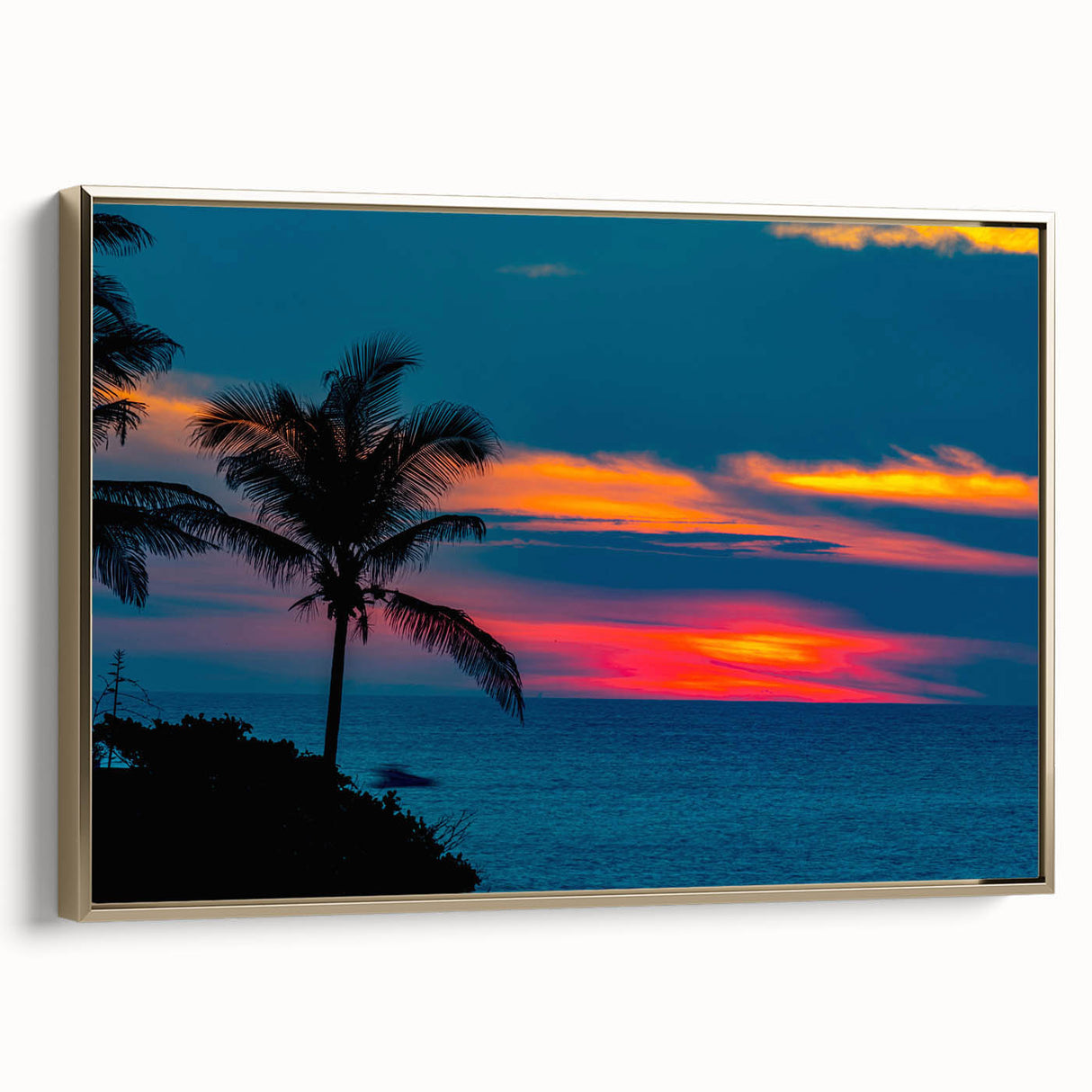 Framed canvas of vintage Acapulco landscape with gold accents, ideal for bedroom wall art.