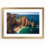Extra large abstract art print of Baja California scenery in textured style, with gold frame and mat.
