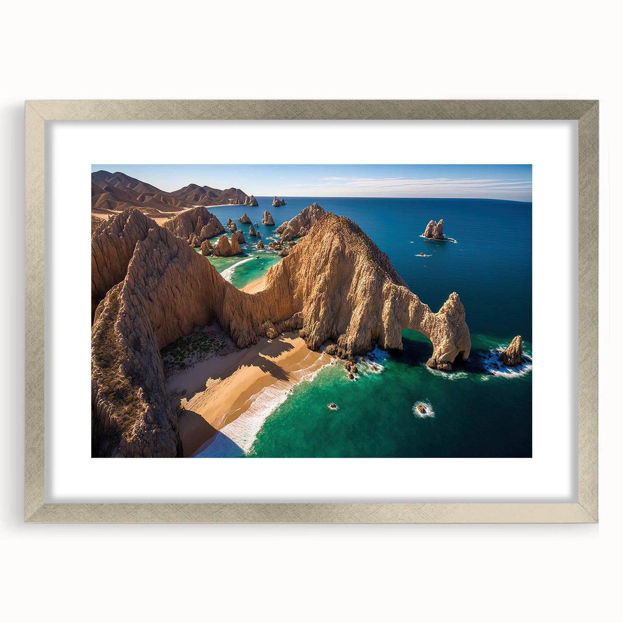 Textured abstract art print of Baja California scenery in muted earth tones on a framed silver mat, ideal for bedroom art.