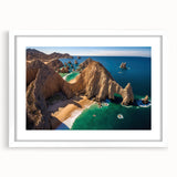 Abstract art print of Baja California scenery in muted earth tones on a framed white mat.