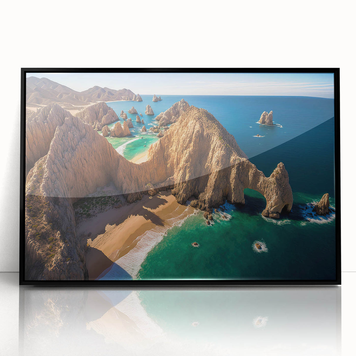 Large abstract wall art depicting a stylized Baja California scenery in black and white tones on a framed acrylic panel.