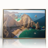 Framed acrylic print of Baja California scenery in mid-century modernist style with gold accents.