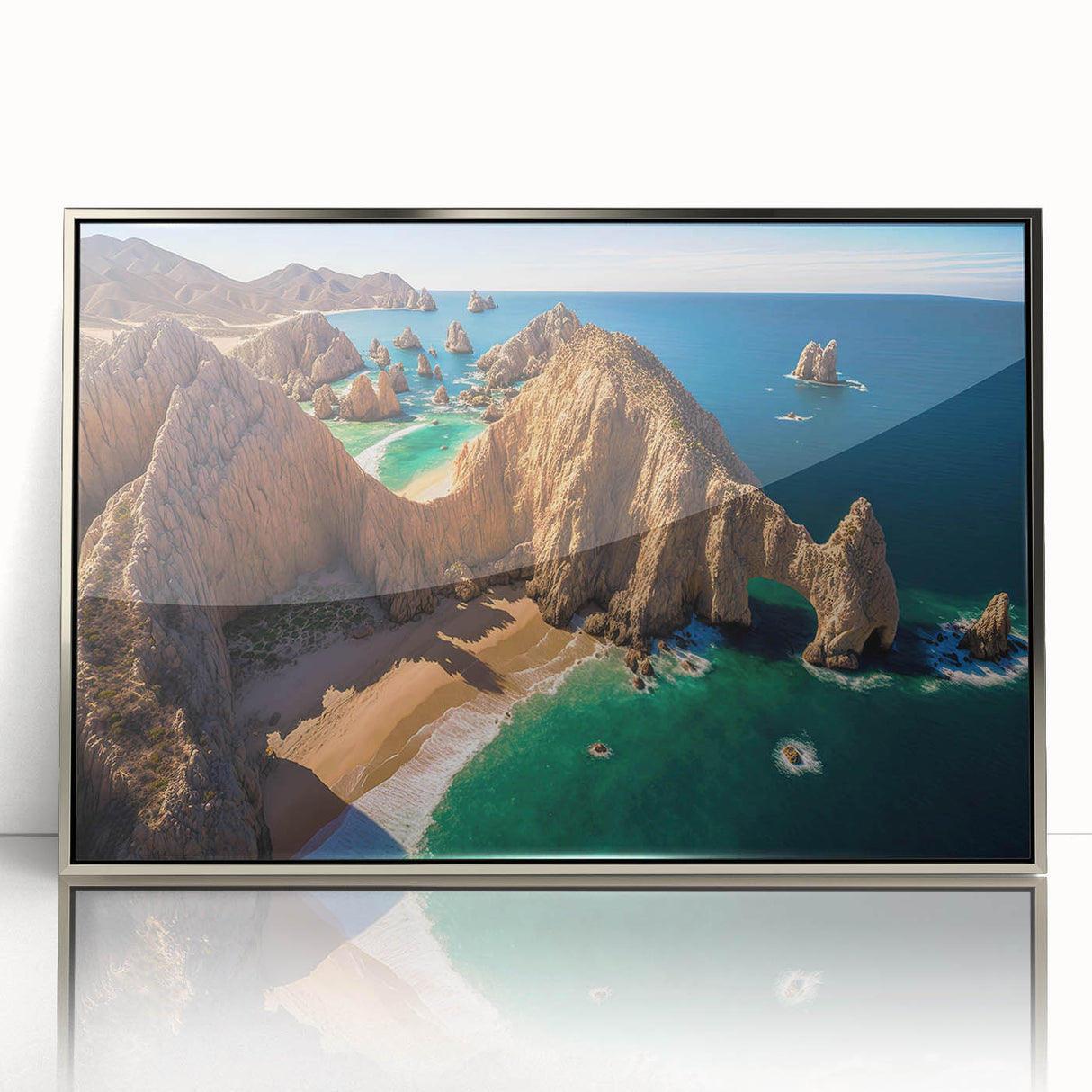 Mid-century modernist art depicting Baja California scenery in muted earth tones on a silver-framed acrylic print.