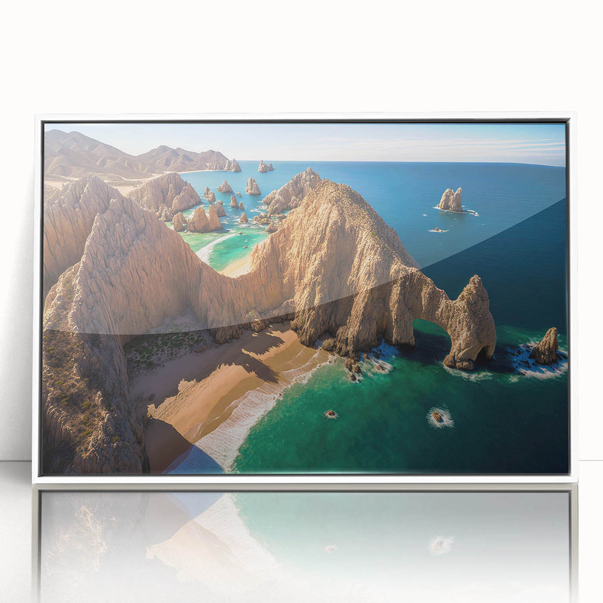 Art deco poster of Baja California scenery, with muted earth tones on acrylic, ideal for modern art wall decor.