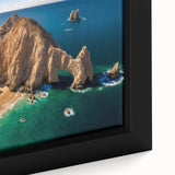 Framed canvas of a textured, colorful art depicting Baja California scenery on a black background.