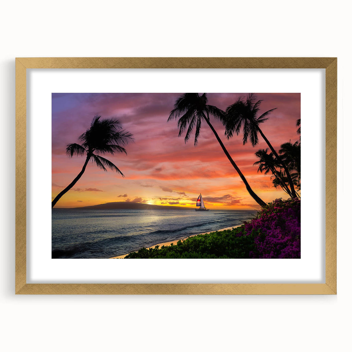 Extra large abstract art print featuring textured scenery of Cancun with vibrant blue and green tones, framed in gold.