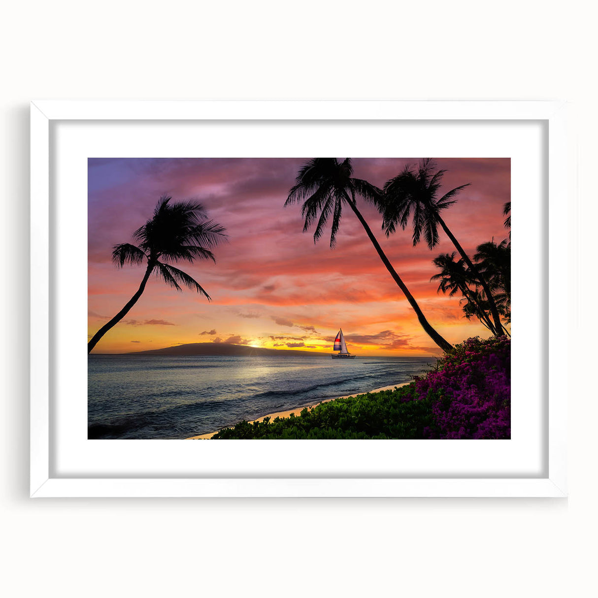 Abstract art print of Cancun scenery in muted blue and green tones on a framed white mat, ideal for dining room decor.