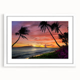 Abstract art print of Cancun scenery in muted blue and green tones on a framed white mat, ideal for dining room decor.