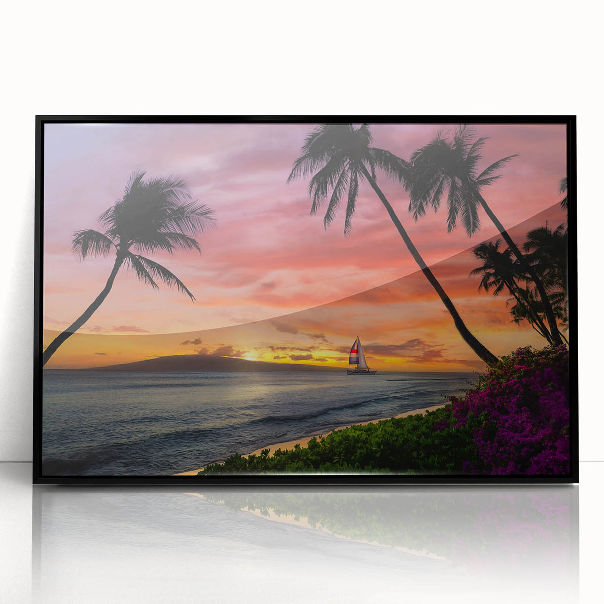Large abstract wall art of Cancun scenery in muted blue and green hues, framed acrylic, ideal for modern living room decor.