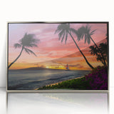 Mid-century modernist art depicting Cancun scenery in muted blue tones on a silver-framed acrylic print.