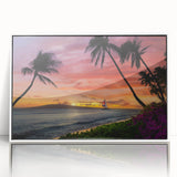 Framed acrylic print of Cancun scenery in art deco style, featuring soft blue and white tones.