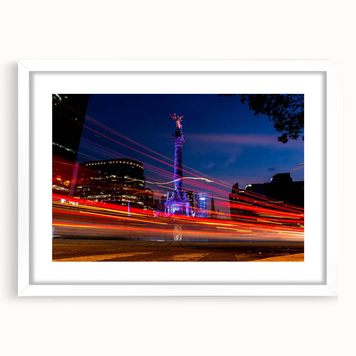 Abstract art print of Mexico City skyline in muted gray and blue tones on a framed white mat, ideal for dining room decor.