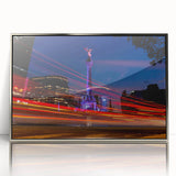 Mid-century modernist art depicting Mexico City with silver framed acrylic, featuring pastel shades.