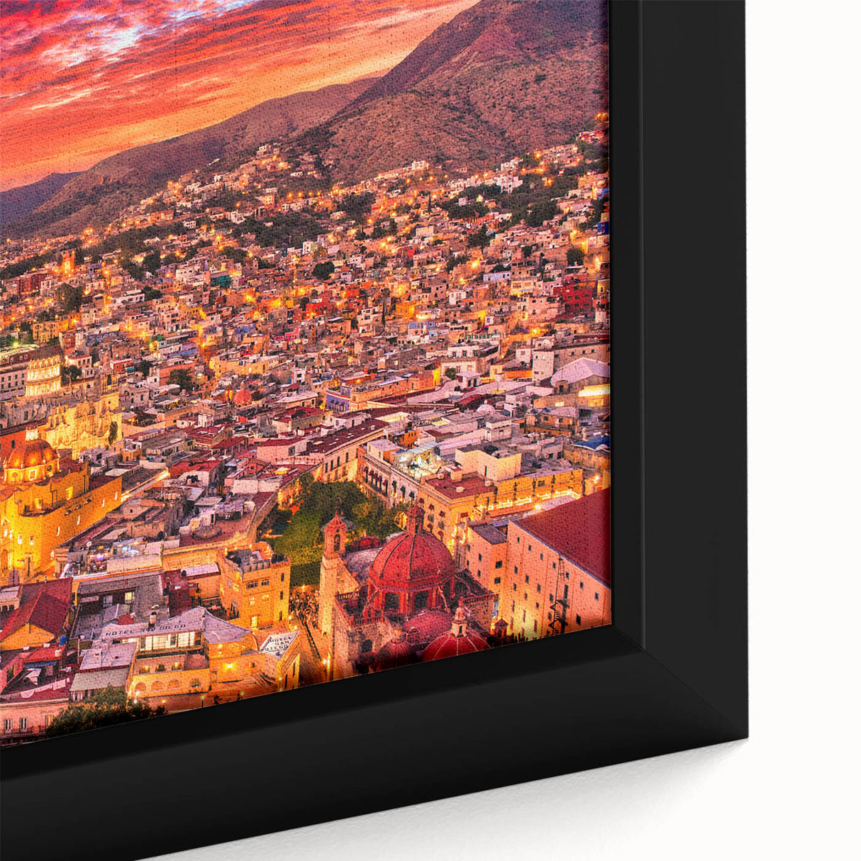 Extra large framed canvas of a textured, colorful Guanajuato scenery on black background, ideal for living room decor.