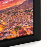 Extra large framed canvas of a textured, colorful Guanajuato scenery on black background, ideal for living room decor.