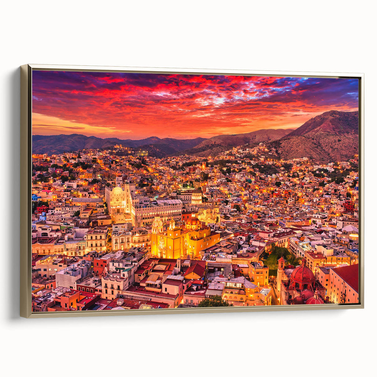 Framed canvas of a vintage Guanajuato landscape in black and gold tones, ideal for bedroom wall art.