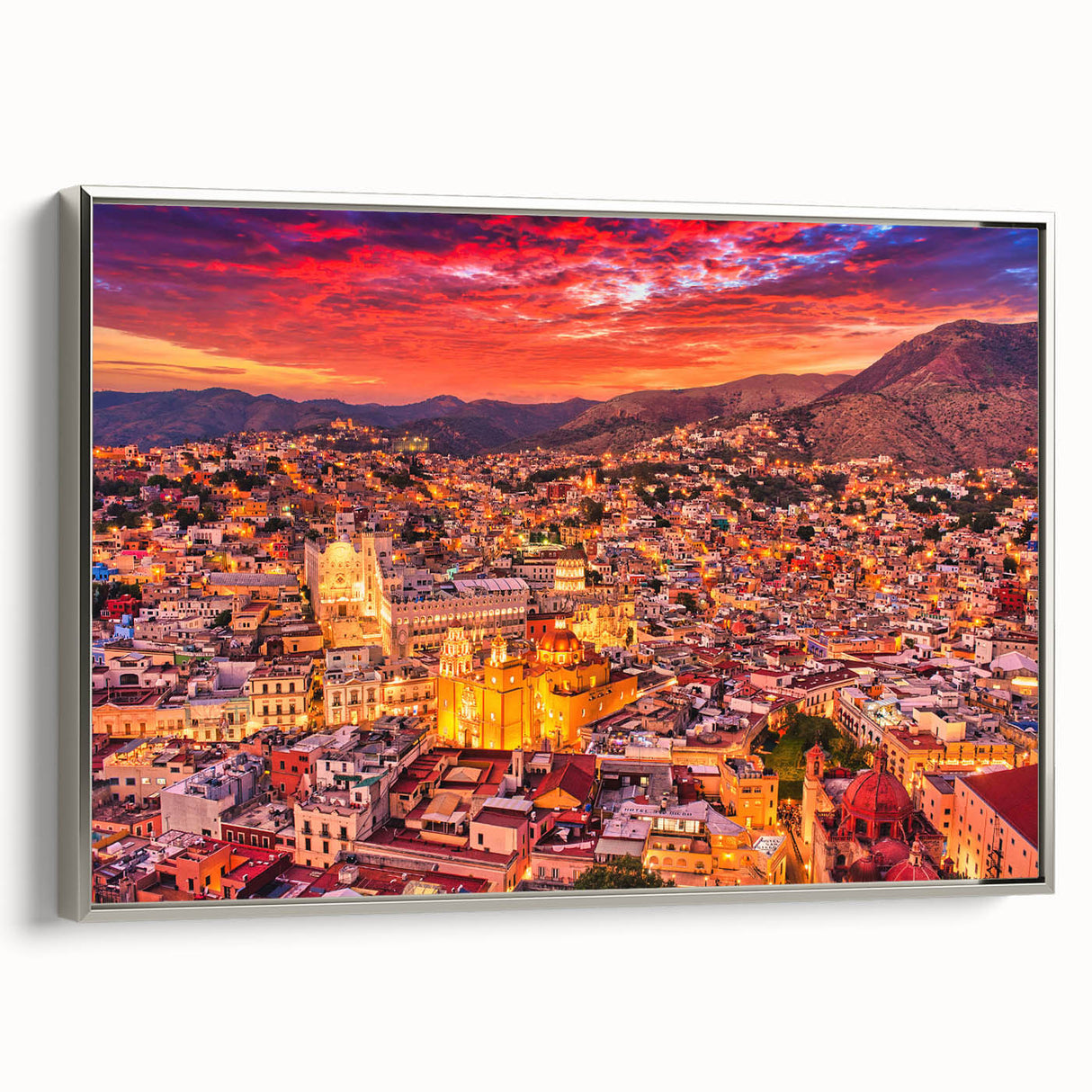 Framed canvas of a colorful Guanajuato landscape painting in vintage style.