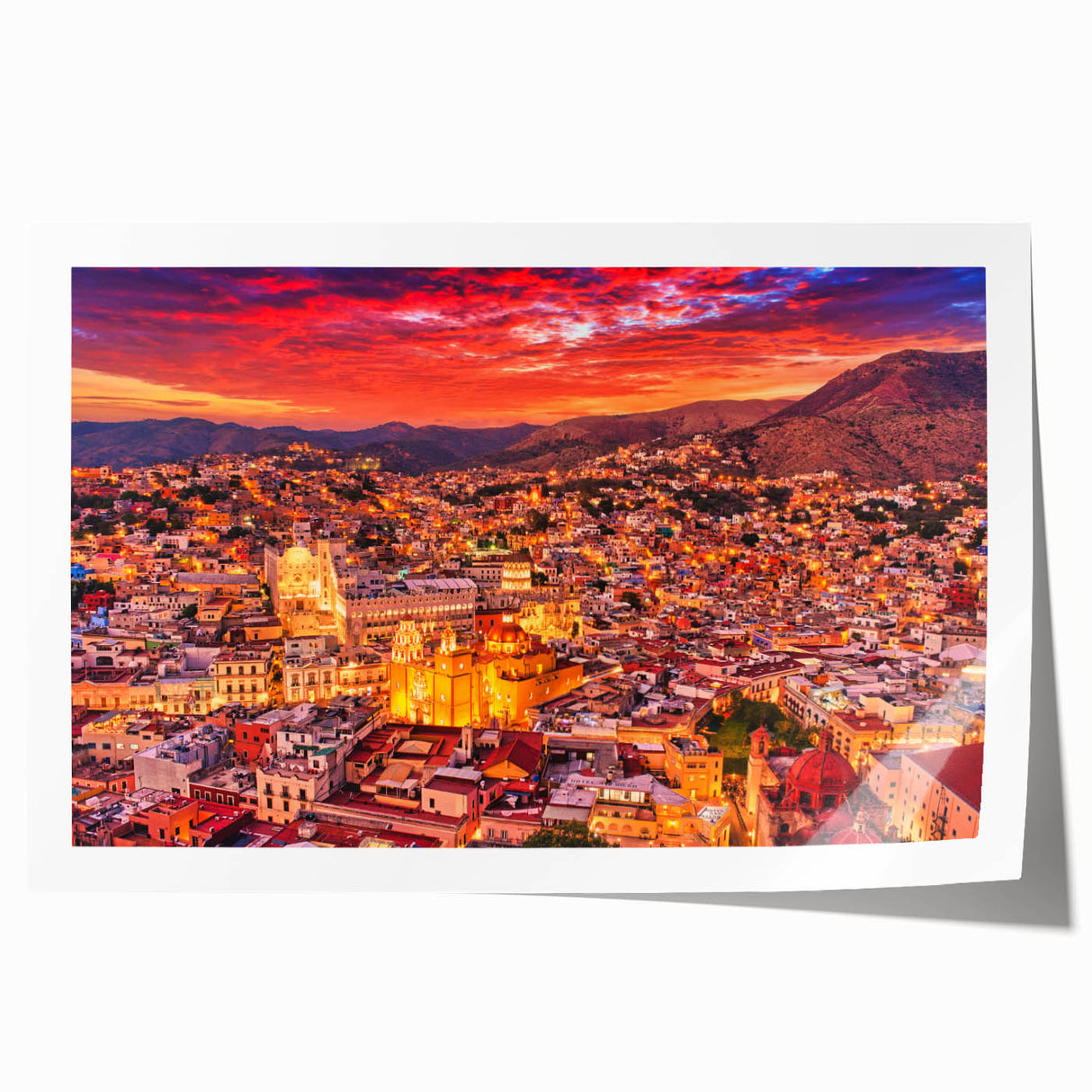 Rolled print of Guanajuato, Mexico scenery with vibrant floral elements, ideal for art wall dining room.
