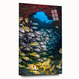 Large abstract wall art depicting the Quintana Roo scenery in muted blue and green tones on acrylic glass.