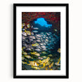 Abstract art print of a colorful, textured scenery in Quintana Roo, Mexico, framed in black, ideal for living room decor.
