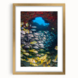 Extra large abstract art print depicting a textured Mexican Quintana Roo scenery in muted earth tones, framed in gold.