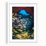Abstract art print of Quintana Roo scenery in pastel blue and green tones, framed with a white mat.