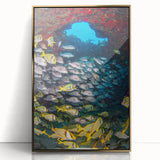 Large art print of Quintana Roo scenery in acrylic, framed in gold, featuring mid-century modernist style.