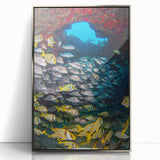 Mid-century modernist art depicting Quintana Roo scenery in muted blue and green tones on a silver-framed acrylic print.