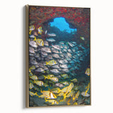 Framed canvas depicting a vintage-style landscape of Quintana Roo with a black and gold color scheme.