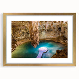 Extra large abstract art print of Yucatan scenery in textured style, featuring earthy tones, framed in gold.