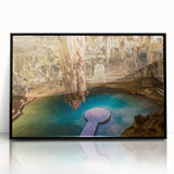Large abstract wall art depicting a Yucatan scenery in muted earth tones on a framed acrylic.