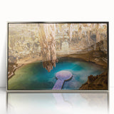 Mid-century modernist art depicting Yucatan scenery, in silver framed acrylic, with cool blue and green tones.