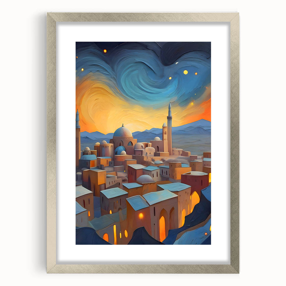Textured abstract art print depicting a Middle Eastern scenery in muted earth tones, framed with a silver mat.