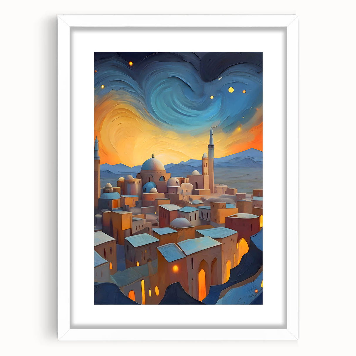 Abstract art print of a Middle Eastern landscape in muted earth tones, framed with a white mat, ideal for dining room decor.