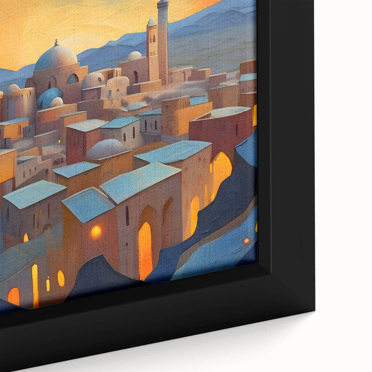 Extra large framed canvas of a textured, colorful Middle Eastern scenery in black, ideal for living room decor.