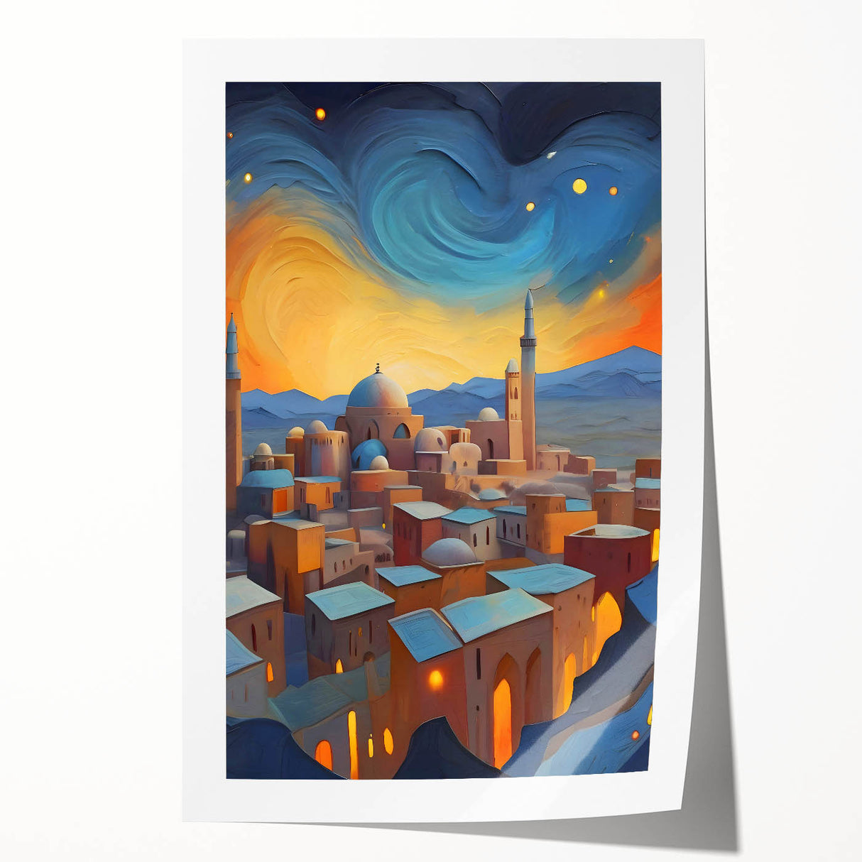 Rolled print of a Middle Eastern landscape with muted earth tones, ideal for art wall dining room decor.