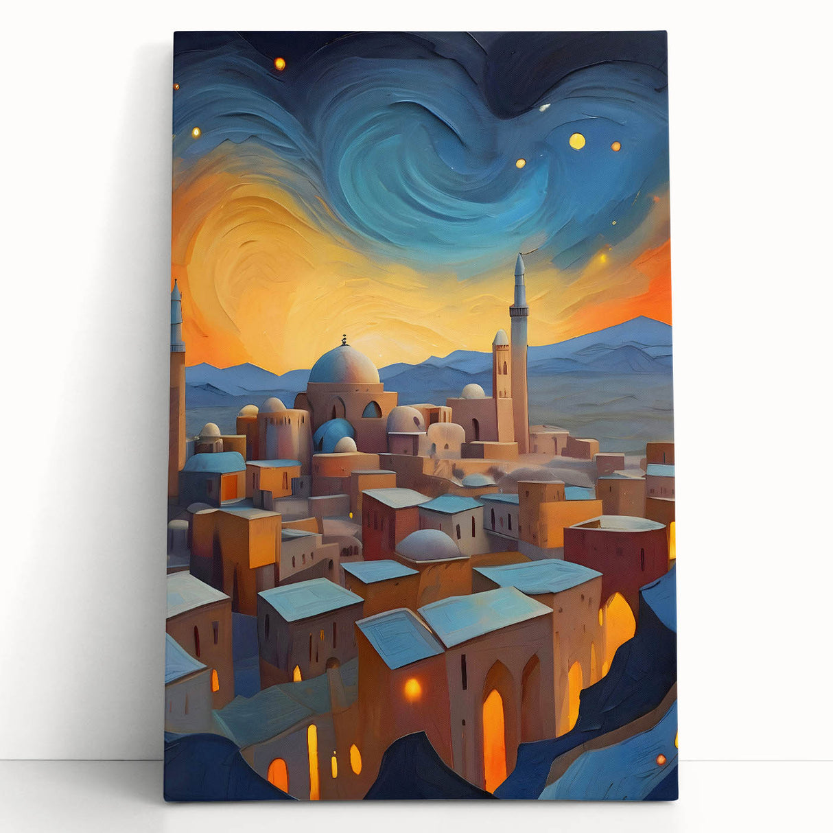 Black and white stretched canvas depicting a Middle Eastern landscape, ideal for kitchen wall art or bedroom decor.