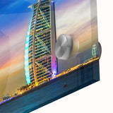 Large abstract wall art of the Dubai skyline in muted earth tones on acrylic glass, ideal for dining room ambiance.