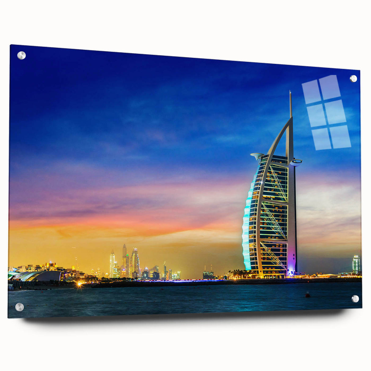 Acrylic print of Dubai skyline in muted earth tones, ideal for dining room decor.