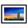 Abstract art print of Dubai skyline in vibrant colors on a large textured canvas, ideal for living room decor.