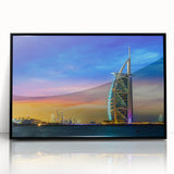 Large abstract wall art of Dubai skyline in muted gray tones on a framed acrylic, suitable for modern living room decor.