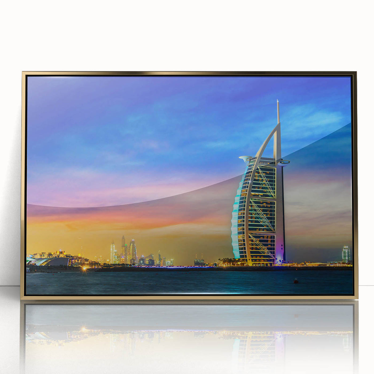 Mid-century modernist style acrylic print of Dubai skyline in gold and blue tones, ideal for modern art wall decor.