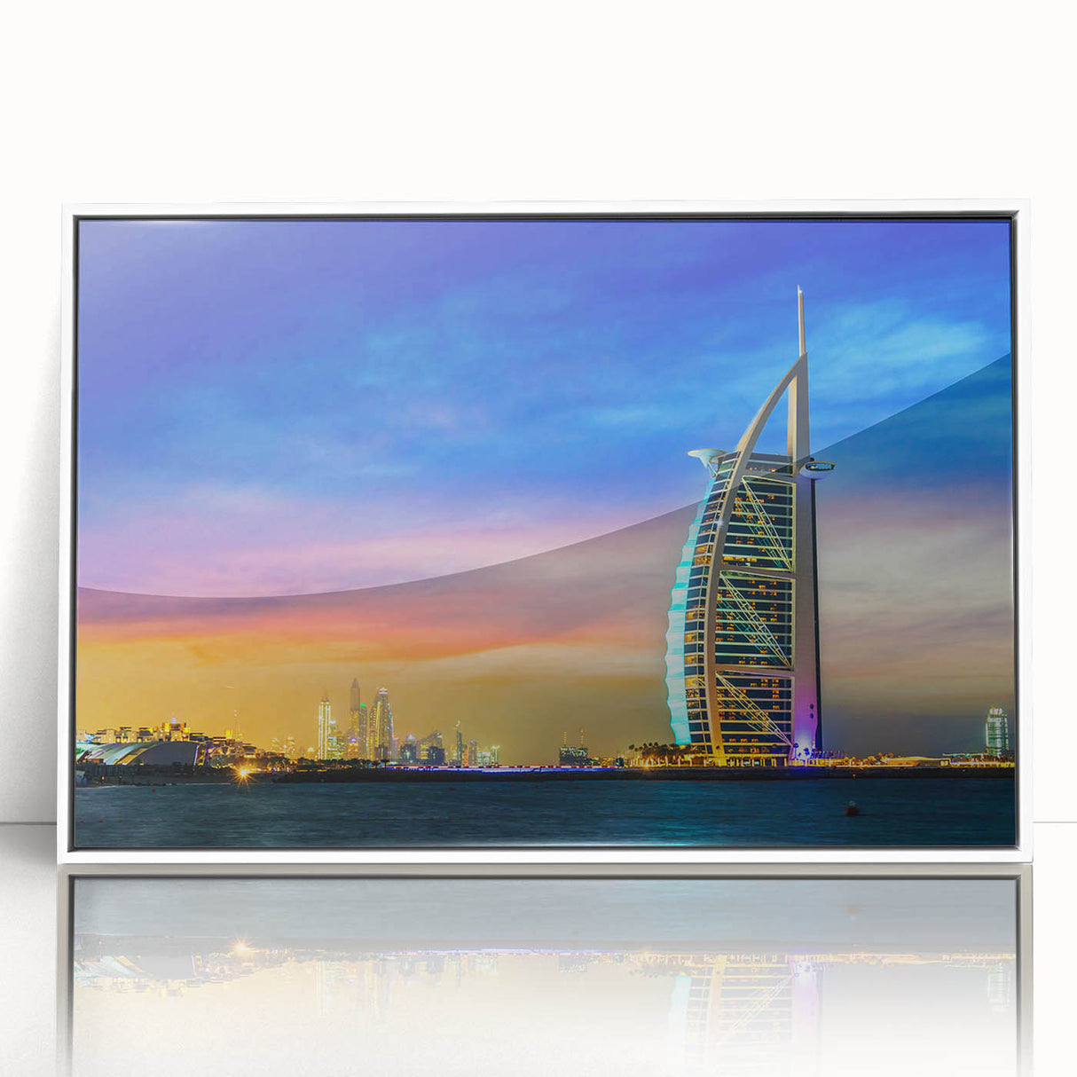 Art deco poster of Dubai skyline in muted gold and white tones on a framed acrylic, ideal for modern art wall decor.