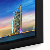 Framed canvas depicting Dubai skyline in textured black with colorful accents, ideal for extra large living room wall art.
