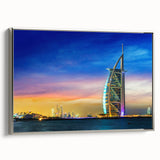 Framed canvas landscape art of Dubai skyline in colorful hues, ideal for modern office decor.