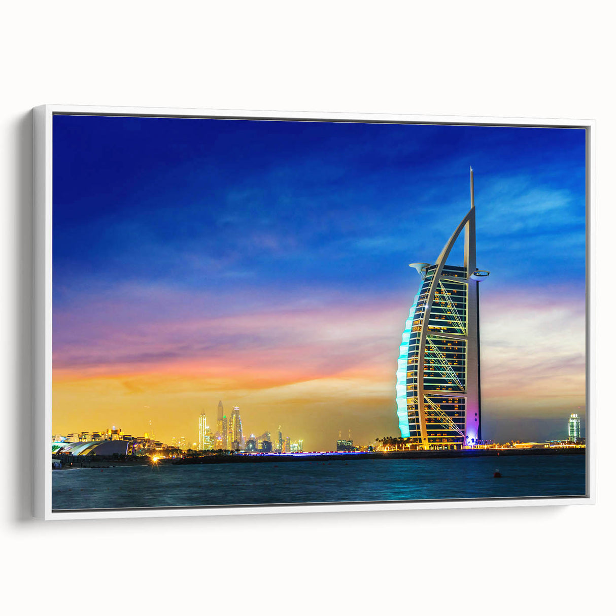 Framed canvas featuring a vintage poster art of Dubai skyline in vibrant colors, ideal for living room decor.