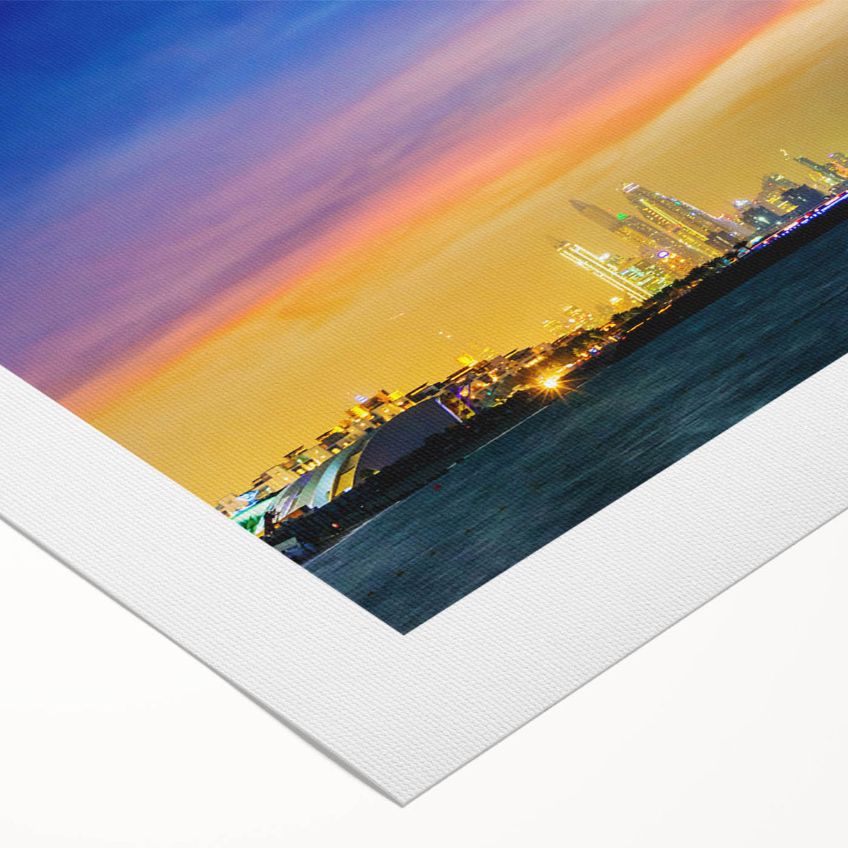 Art Deco poster of Dubai skyline in muted gold and blue tones on rolled canvas, suitable for dining room decor.