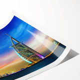 Extra large wall art featuring line art flowers over a Dubai skyline, in muted earth tones on a rolled canvas.