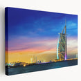 Panoramic view of Dubai skyline in muted earth tones on stretched canvas, suitable for kitchen wall art.